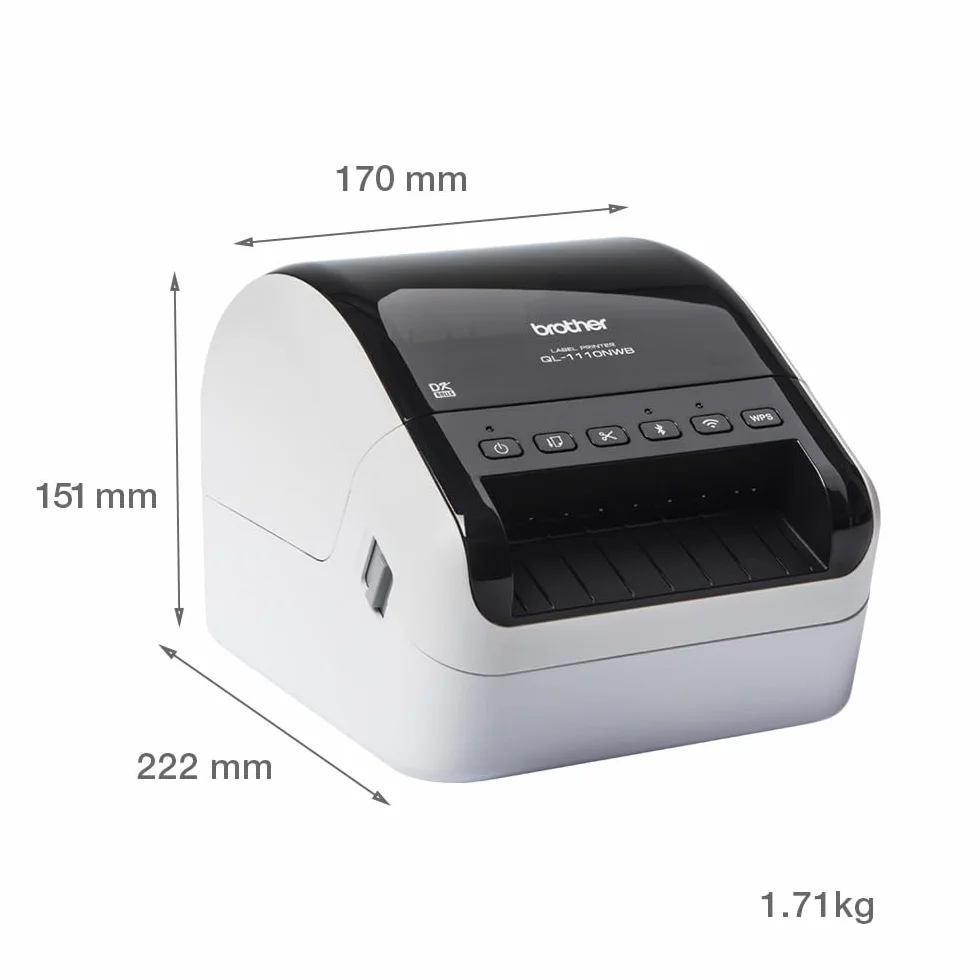 Brother QL1110NWBC | Stampante per Etichette | Collegabile a PC | USB, LAN, WiFi, Bluetooth | Fino a 110mm/sec | Rotoli DK fino a 101,6 mm (4") | Stampa in Nero su Bianco