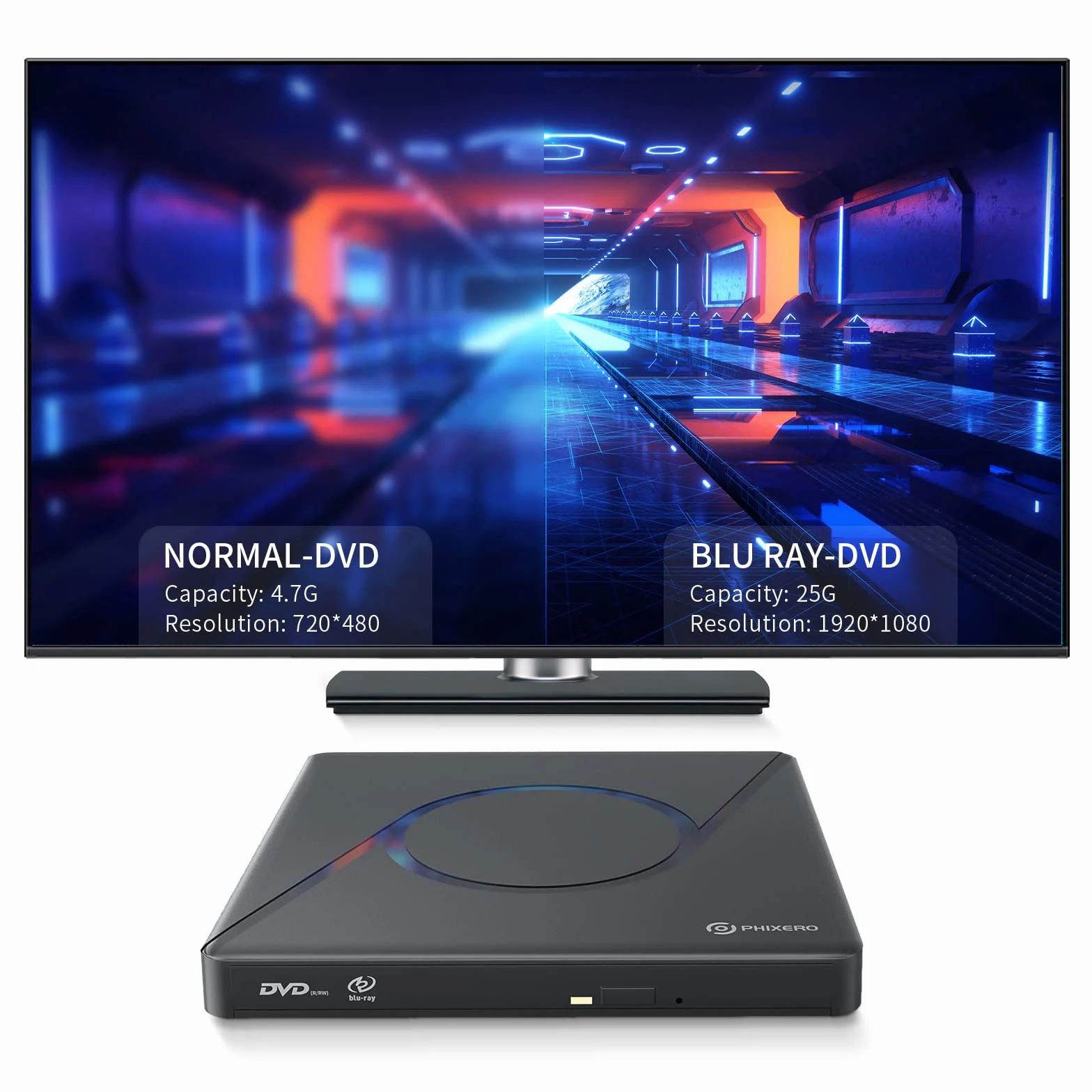 PHIXERO Masterizzatore DVD 3D Blu-ray portatile, USB 3.0 con unità Blu-ray Ultra HD 4K e cavo USB per Mac OS, Windows XP/7/8/10, Linux, Vista, PC portatile