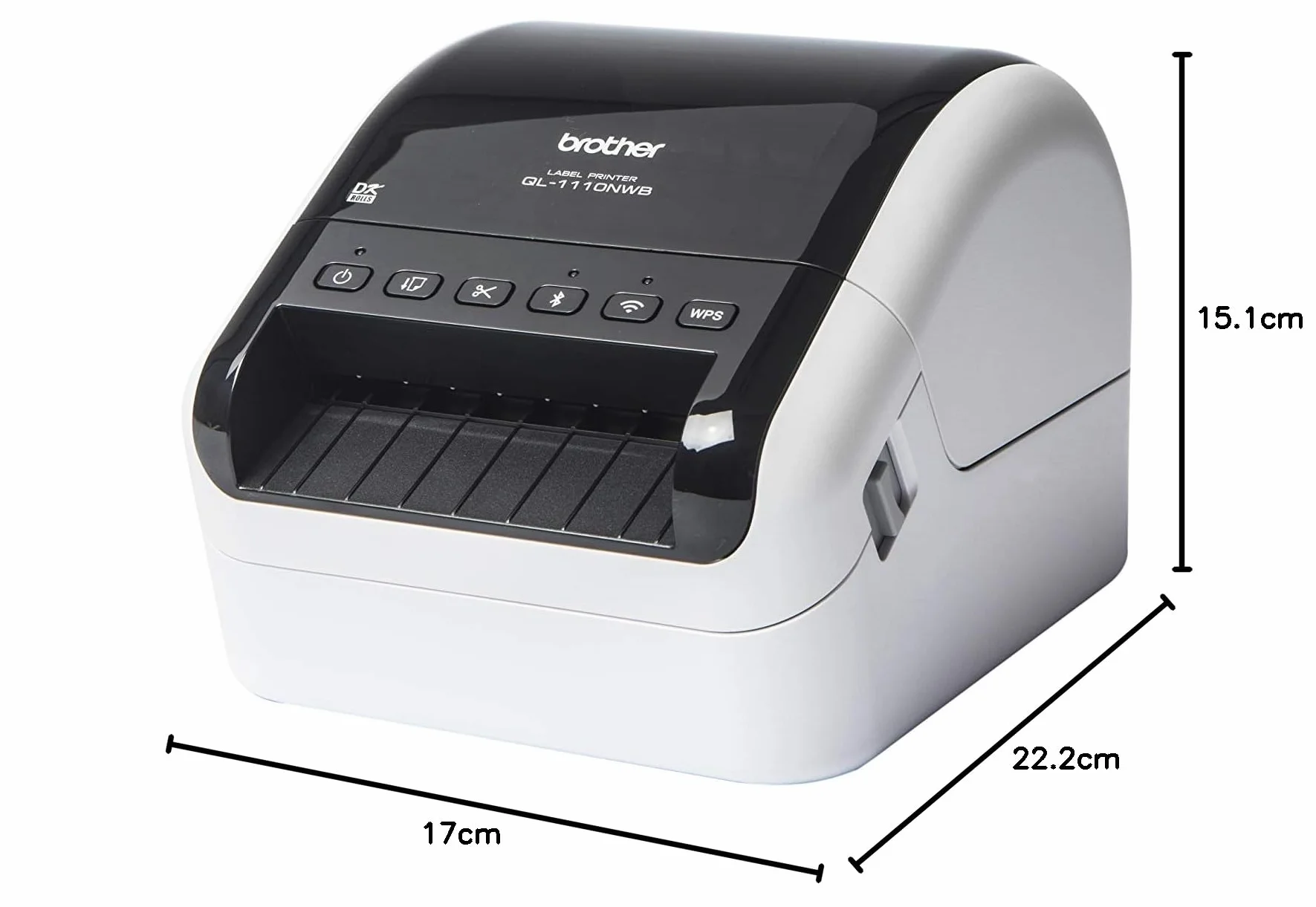 Brother QL1110NWBC | Stampante per Etichette | Collegabile a PC | USB, LAN, WiFi, Bluetooth | Fino a 110mm/sec | Rotoli DK fino a 101,6 mm (4") | Stampa in Nero su Bianco