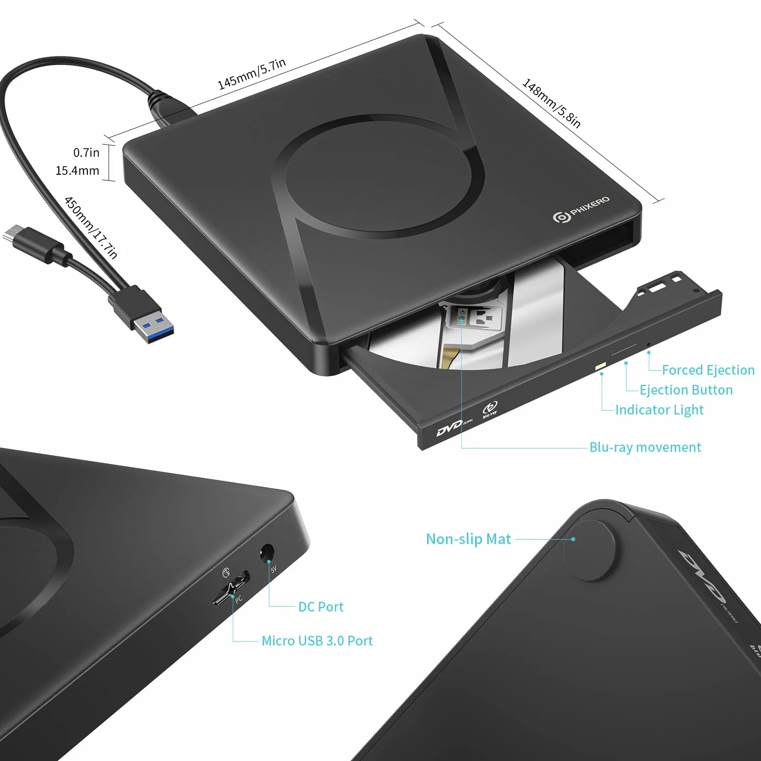 PHIXERO Masterizzatore DVD 3D Blu-ray portatile, USB 3.0 con unità Blu-ray Ultra HD 4K e cavo USB per Mac OS, Windows XP/7/8/10, Linux, Vista, PC portatile