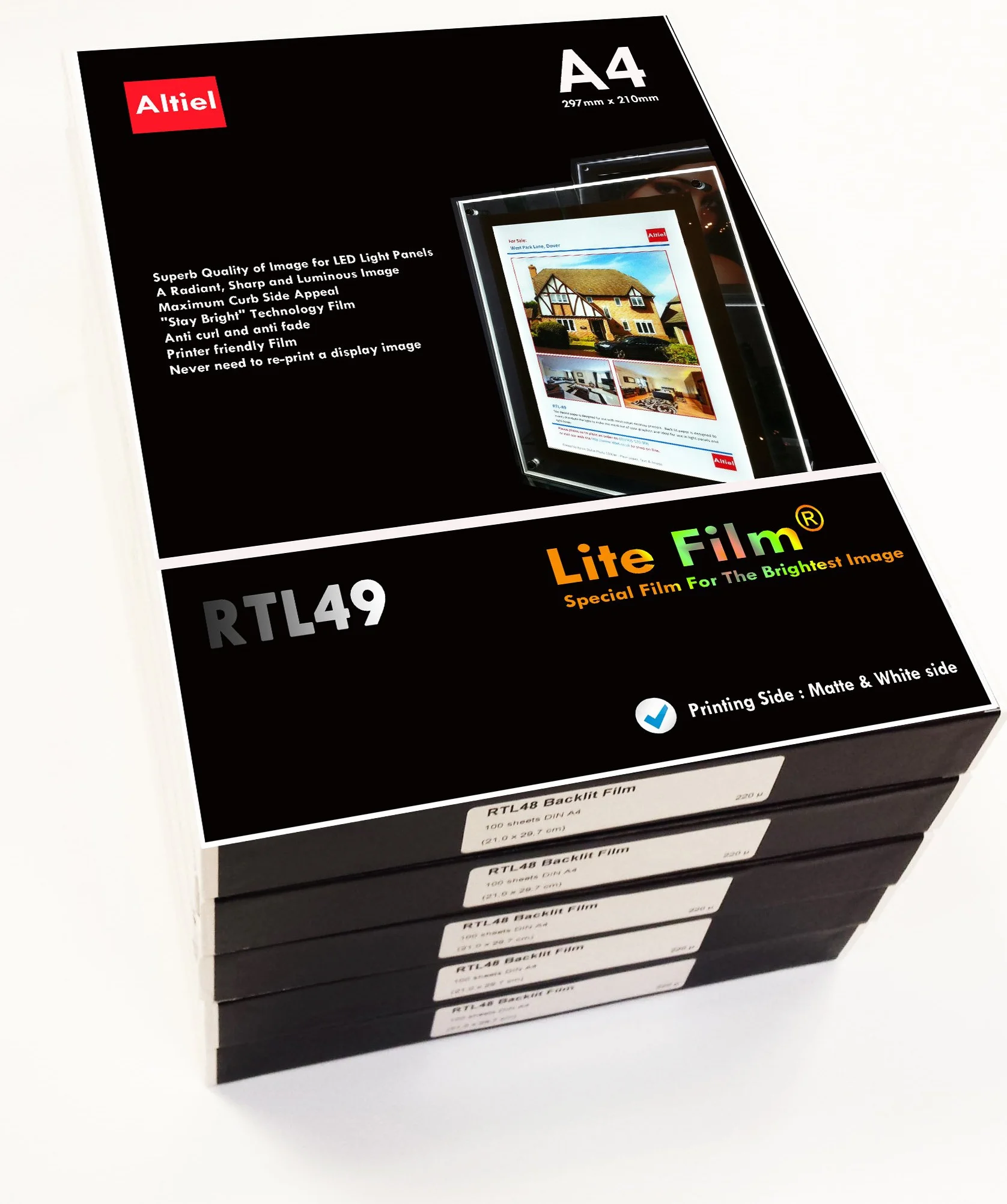 RTL49 - A4 x 100 fogli per qualsiasi stampante a getto d'inchiostro e laser (fotocopiatrici) - Carta retroilluminata/Lite Film® per LED Light Pocket/LED Light Panel/LED Lightbox