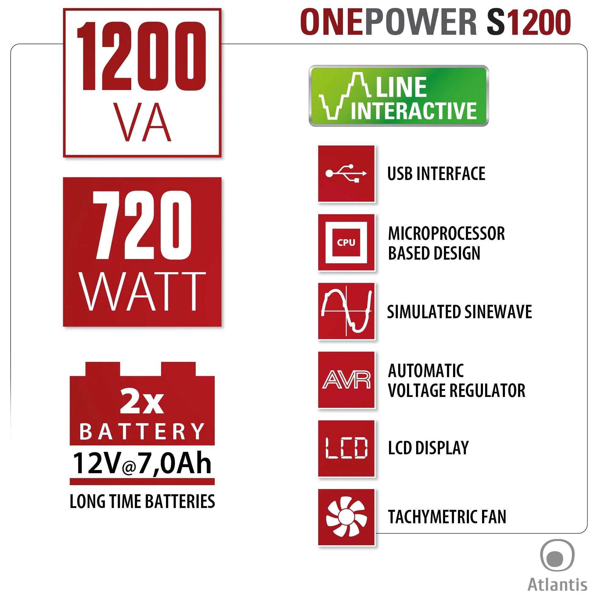 Atlantis OnePower 1200, UPS Line Interactive 1200VA/700W, AVR, Onda PseudoSinusoidale, 3 prese IEC+2 prese Schuko, 2 Batterie 12V 7Ah