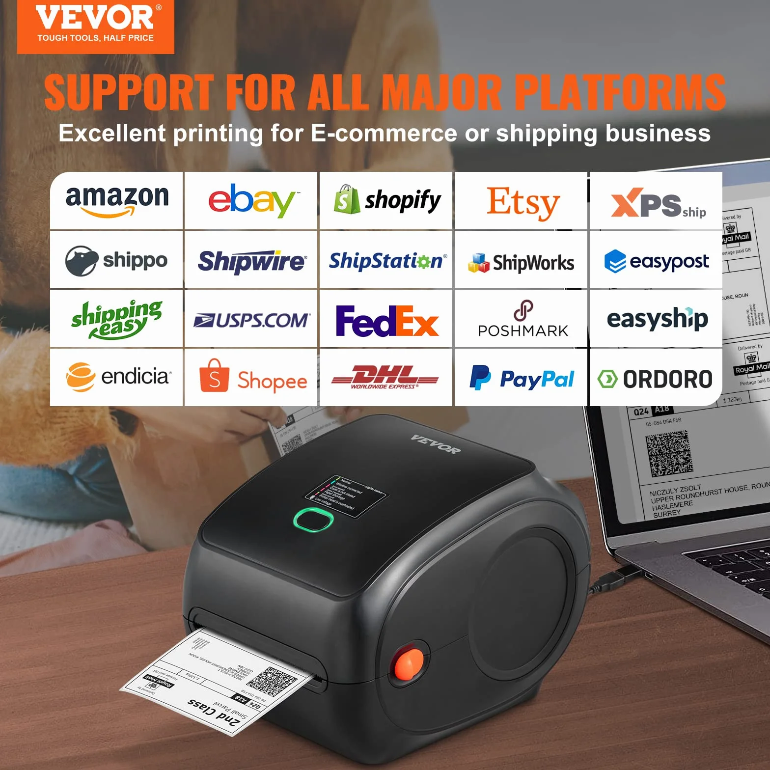 VEVOR Bluetooth Stampante Termica, Stampante per Etichette Edesive 4x6, Etichettatrice Termica Compatibile a Windows/MAC OS/Linux/Chromebook, Supporta DHL, USPS, FedEx, Shopify, Ebay, Amazon ecc.
