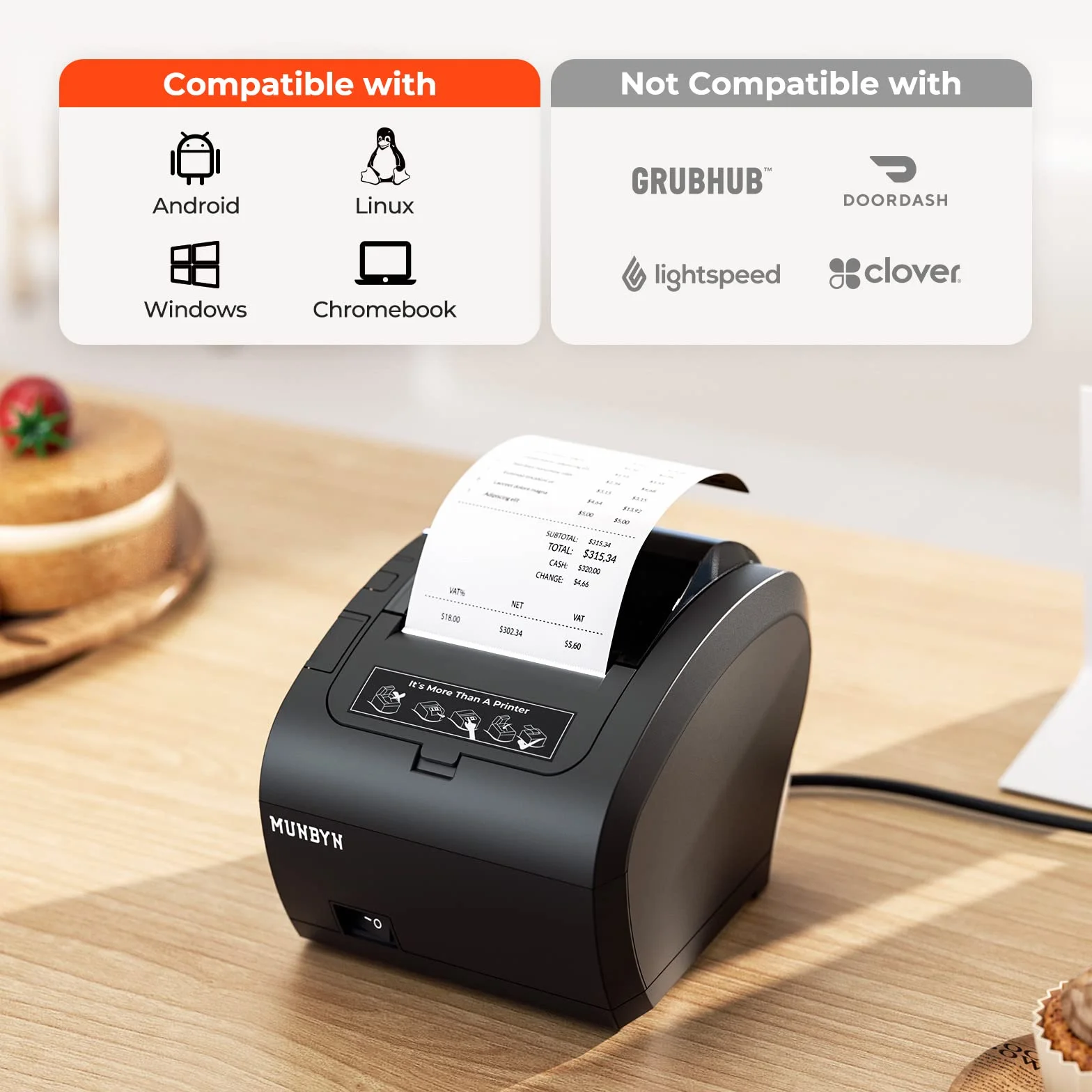 MUNBYN Stampante Termica WiFi, 300mm/s Stampante Scontrini 80mm con Porta USB (047P-WiFi) per Mac, Windows, Chromebook, Linux—ESC/POS, Taglierina Automatica ad Alta Velocità, Montabile a Parete, Nera