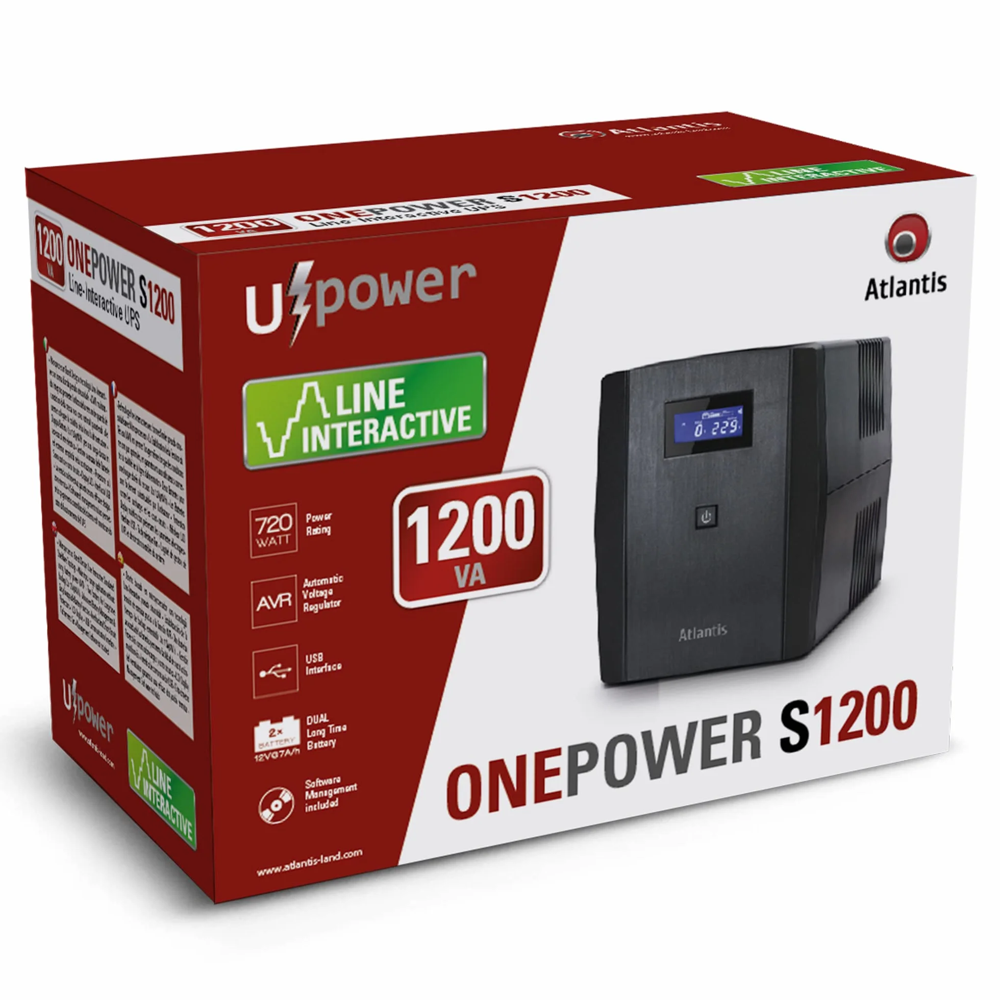 Atlantis OnePower 1200, UPS Line Interactive 1200VA/700W, AVR, Onda PseudoSinusoidale, 3 prese IEC+2 prese Schuko, 2 Batterie 12V 7Ah