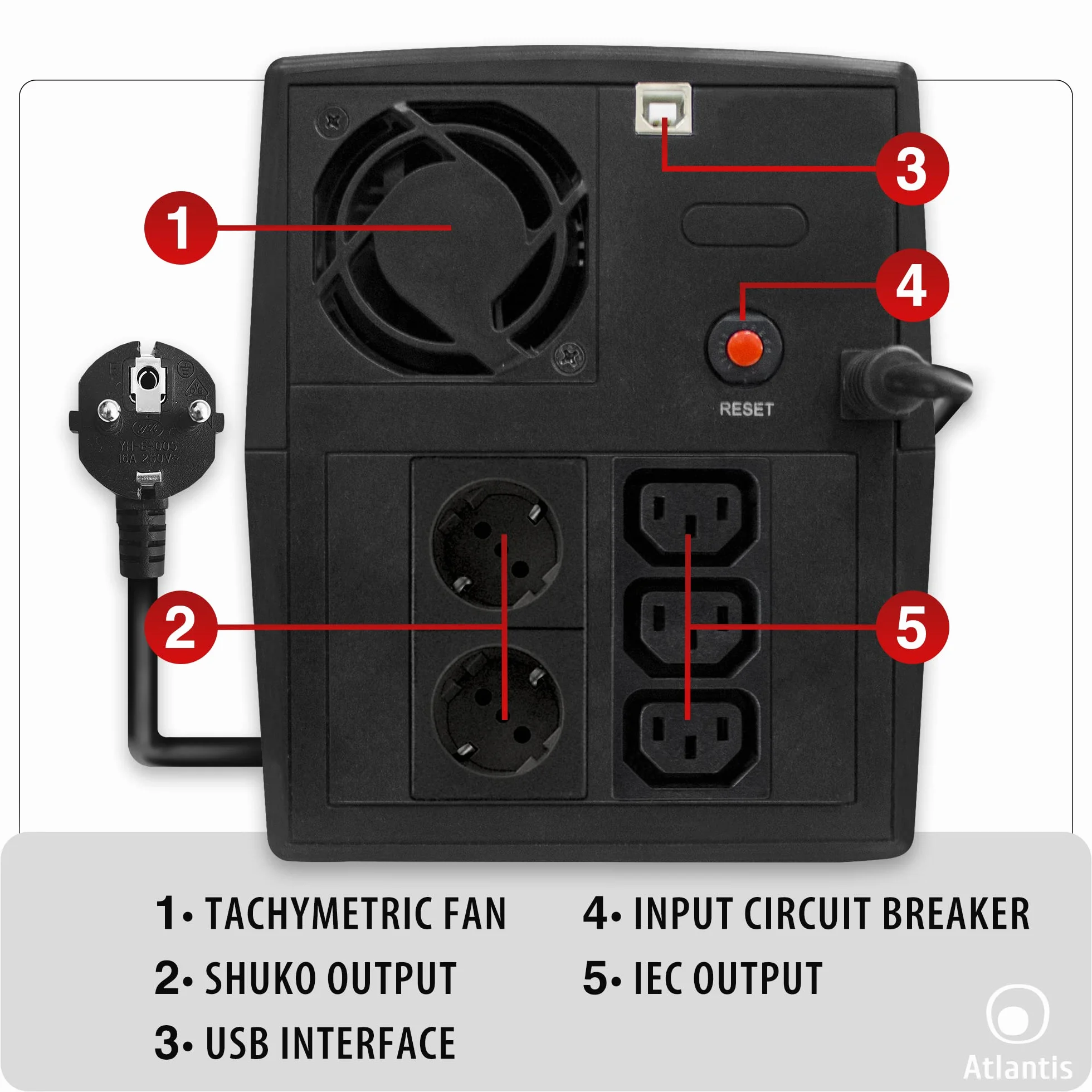 Atlantis OnePower 1200, UPS Line Interactive 1200VA/700W, AVR, Onda PseudoSinusoidale, 3 prese IEC+2 prese Schuko, 2 Batterie 12V 7Ah
