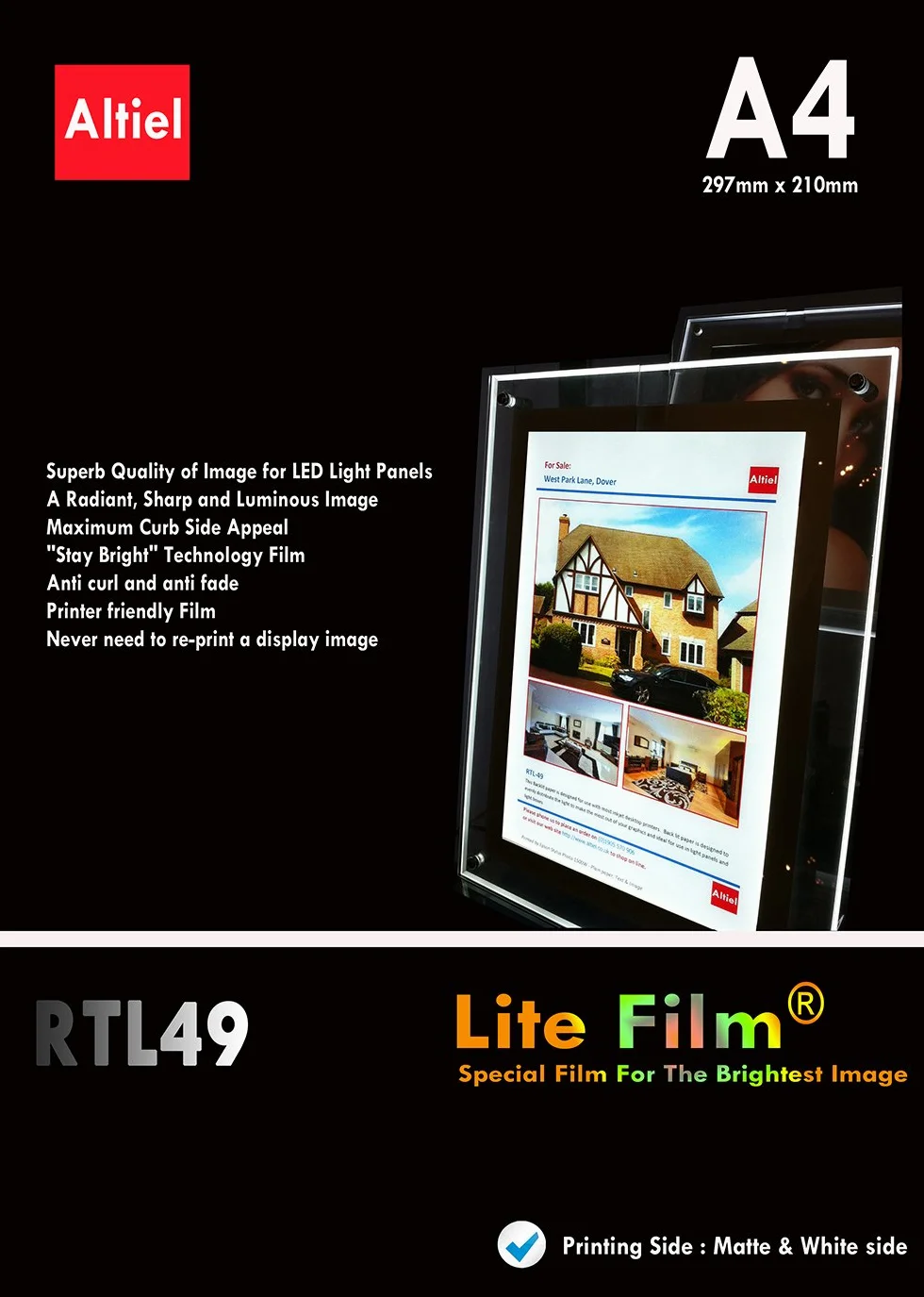 RTL49 - A4 x 100 fogli per qualsiasi stampante a getto d'inchiostro e laser (fotocopiatrici) - Carta retroilluminata/Lite Film® per LED Light Pocket/LED Light Panel/LED Lightbox